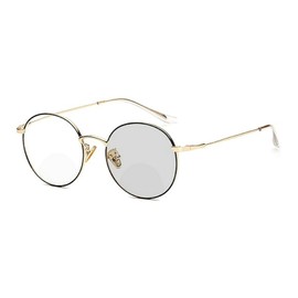 Fashion Round Bifocal Reading Glasses Men Sun Photochromic Lens Metal Frame Transition Presbyopia Female (Black Gold, 0.00/+1.50 Magnification)
