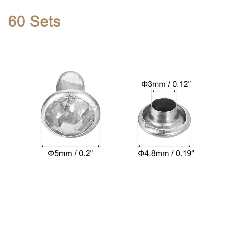 sourcing map 60 Sets Rhinestone Rivets, 5mm Leather Rivets Crystal