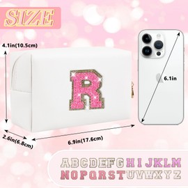 Bolsa de maquillaje con parche inicial personalizada, bolsa de chenilla con cierre, GlitterWhite/RosePink-Letter, R