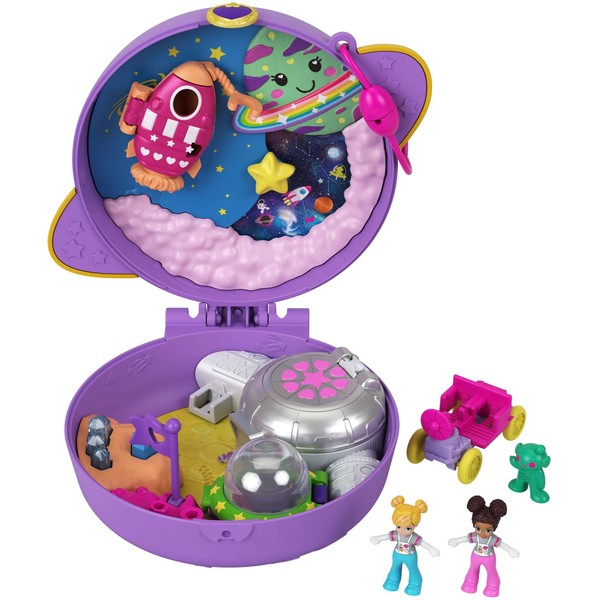 Polly Pocket Saturn Space Explorer Compact with Fun Reveals, Micro Polly and Lila Dolls, Lunar Vehicle, Alien Figure & Sticker Sheet; for Ages 4 Years Old & Up