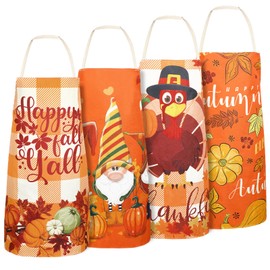Whaline 4Pcs Fall Thanksgiving Aprons 4 Design Autumn Waterproof Chef Cooking Aprons Gnome Pumpkins Turkey Adjustable Aprons Fall Kitchen Collections for Thanksgiving Dinner Baking BBQ Grilling