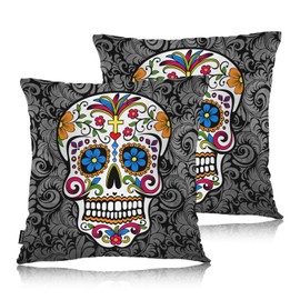 Swono Sugar Skull Set of 2 Square 18x18 Inch Throw Pillow Cover Mexican Day of The Dead Sugar Skull Rose Soft Pillowcases Pillow Cushion Covers for Home Sofa Couch Garden Bench Car Decoration