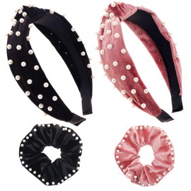LOVNFC Trendy Women's Headband Set: Stylish Knotted Headbands and Hair Loops for Girls with Wide Knot Headscarves in Pearl Velvet - Non-Slip & Fashionable black blusher