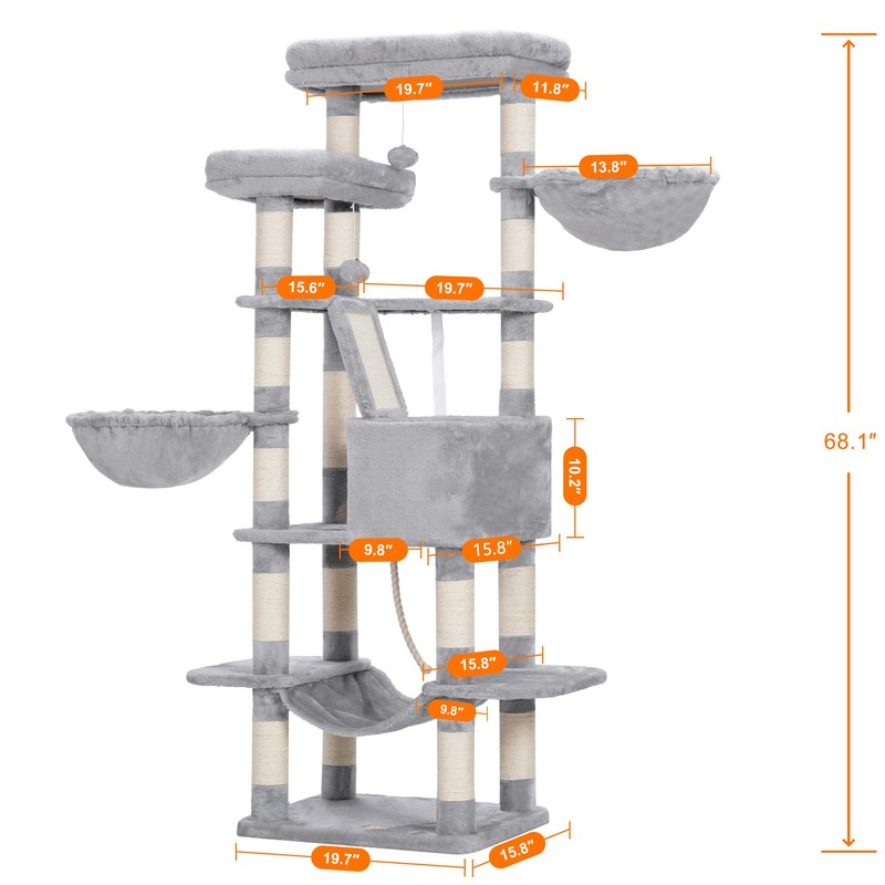 Heybly Cat Tree, 68 inch Multi-Level Cat Tower for Indoor