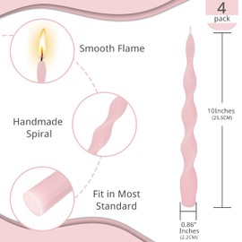 NJAO HOO Pink Spiral Taper Candles 10 Inch Twisted Candlesticks Unscented Ripple Tapered Candles Set for Dinner Table Decor Party Wedding, 4 Pcs