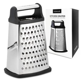 VINAK Large 4 Sided Stainless Steel Kitchen Grater - Wide + Long + Fine + Zester | With Ergonomic Handle and Non-Slip Rubber Base | For Grating All Types of Food
