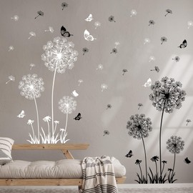 Supzone Dandelion Wall Stickers Flower Wall Decals Butterflies Flying Wall Decors Art Stickers for Bedroom Living Room Sofa Backdrop TV Wall Decor (White Black)