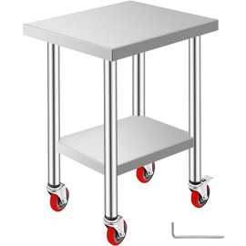 Happybuy Stainless Steel Work Table, 24 x 18 x 34 Inch, 700 lbs Capacity, Heavy-Duty Food Prep Table with 4 Wheels, Adjustable Height for Commercial Kitchen, Silver