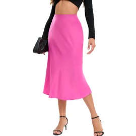 Jhsnjnr Women's High Waisted Satin Midi Skirts Casual Summer Flowy Ruffle Skirt A Line Zipper Silk Skirt Rose Red