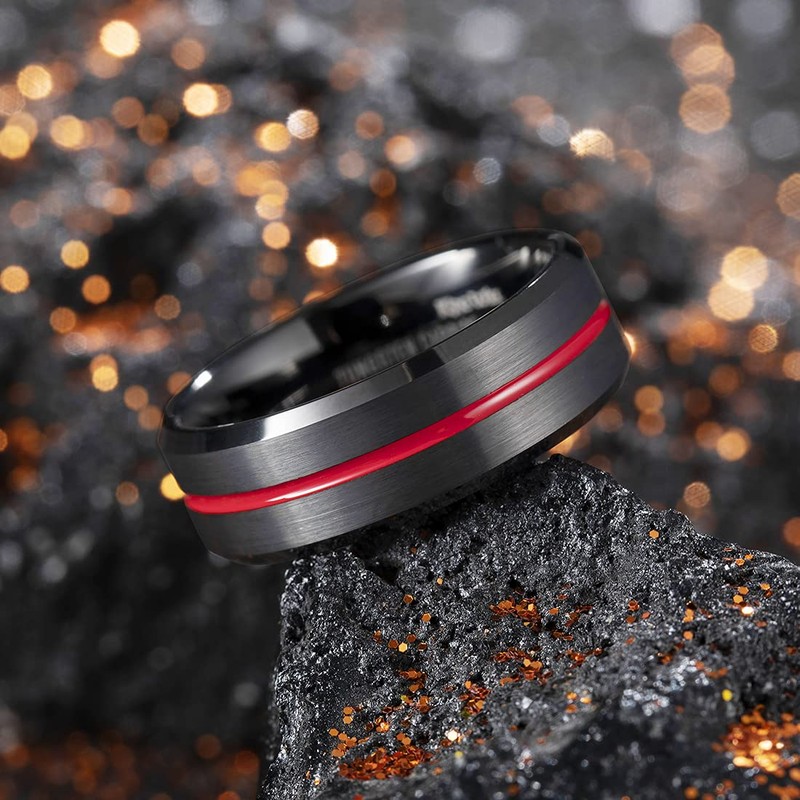 King Will Thin Red Groove Black Brushed Tungsten Carbide Wedding