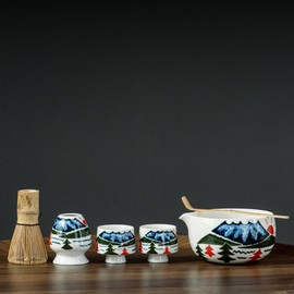 Hijaunatis Fuji Mountain Matcha Bowl Set – 6-Piece Japanese Tea Ceremony Kit with Hand-Painted Scenic Design | Ceramic Bowl, 2 Cups, Bamboo Whisk, Scoop & Whisk Holder | Gift for Tea Lovers