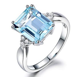 925 Sterling Silver Plated Blue Topaz Moissanite Promise Ring for Women Birthstone Emerald Cut CZ Diamond Cocktail Ring Eternity Engagement Wedding Band for Women's Size 10#