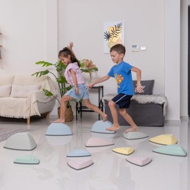 Stepping Stones for Kids (12 Pcs) Non-Slip Obstacle Course Stepping Stones Kids Indoor Outdoor Sensory Playground Develop Balance BONUS Hopping Floor Stickers (Calming Pastel)
