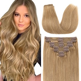 Elailite Clip in Hair Extensions Real Human Hair Double Weft Thick 8pcs Weft Dark Blonde 20 Inch 150g Remy Hair Strawberry Honey Blonde Balayage Full Head Straight for Women