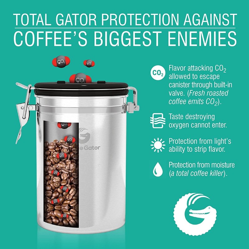 Coffee Gator Coffee Canister, 2pack 16oz Airtight Stainless Steel Kitchen