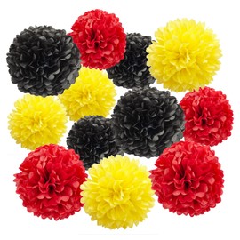 12pcs Red Yellow and Black Paper Pom Poms Decorations for Party Ceiling Wall Hanging Tissue Flowers Decorations - 3 Colors of 12 Inch, 10 Inch