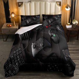 Modern Gamepad Comforter Set, Boys Youth Video Game Controller Mouse Keyboard Headphone Gaming Equipment Down Comforter, Decorative 3 Piece Duvet Insert With 2 Pillow Shams Queen Size Red Black White