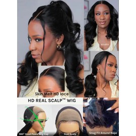 KLAIYI HD Real Scalp Wig 13x4 Lace Frontal Human Hair Wig Loose Body Wave with Face Framing Curtain Bangs Pre Everything Glueless 3S Wear and Go Precut Lace Pre Plucked Pre Bleached 180%Density 16Inch