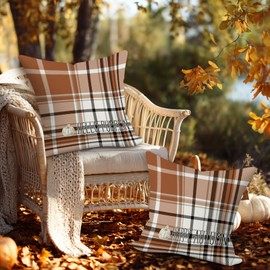 Benjia Outdoor Fall Throw Pillow Covers 18x18 Set of 2, Decorative Waterproof Oxford Brown White Checkered 18 x 18 inch Holiday Cushion Cases Home Outside Porch Decor Decoration (Style 06)
