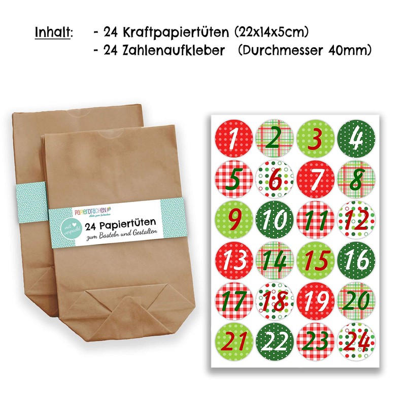 DIY advent calendar set (24 brown gift bags, 24 coloured number stickers,