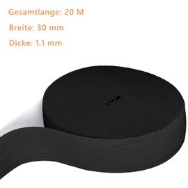 Qikaara Elastico nero da 20 metri di larghezza, 30 mm di larghezza, fascia elastica per cucito, elastico, elastico in gomma per cucire, nastro elastico in gomma per cucire, nastro in gomma nero, per