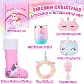 Larchio Unicorn Christmas Gifts for Girls, Christmas Stocking Stuffers for Girls with Pink Christmas Stockings Unicorn Christmas Tumbler and Unicorn Carrying Bag 3-10 Years Old Girl Christmas Gifts