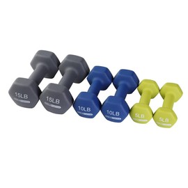 HolaHatha 5, 10, and 15 Pound Neoprene Hex Dumbbell Set with Rack - Strength Training Dumbbell Set - Color: Multicolor