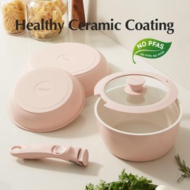 Redchef Ceramic Cookware Set with Detachable Handles, Healthy Nonstick Pans and Pots Set 16Pcs, Induction Dishwasher Oven Safe Kitchen Set, PFAS PFOA & PTFE Free, （Pink