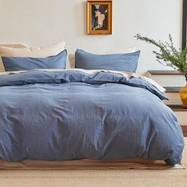 NUMWELL Duvet Cover Set Queen, 100% Washed Cotton Linen Like Cooling Breathable Durable Home Bedding Set 3Pcs, Navy Blue