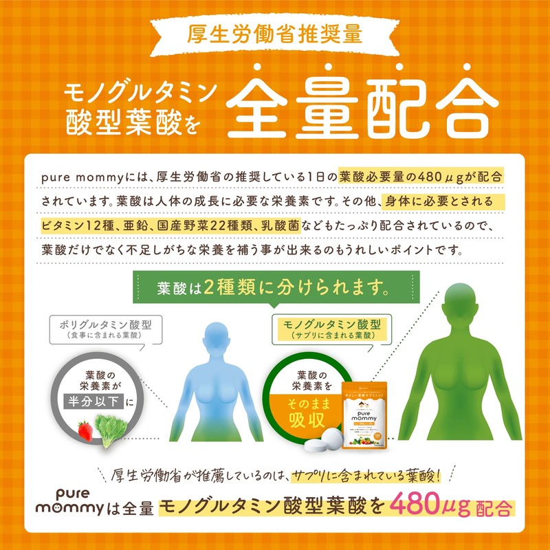 【厚生労働省推奨の葉酸480μg配合】 葉酸 × 妊活 サプリメント ピュアマミー モノグルタミン酸型 葉酸サプリ 60日分 無添加