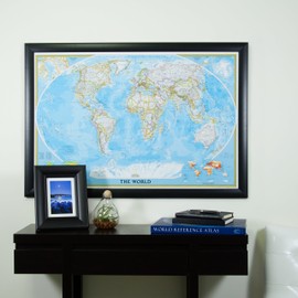 Craig Frames Wayfarer, Classic World Push Pin Travel Map, Contemporary Wide Black Satin Frame and Pins, 24 by 36-Inch