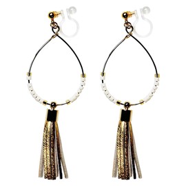 Miyabi Grace Elegant Faux Leather Fringe Invisible Clip On Earrings Dangle For Women Beaded Ethnic Non Piercec Clip On Hoop Earrings, Resin