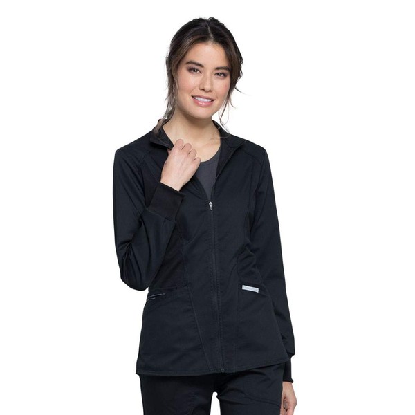 Cherokee Womens Zip Up Scrub Jackets with Breathable Mesh and Shirttail Hemline WW301, XL, Black