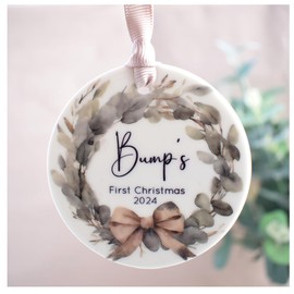 Bump's 1st Christmas 2024 Xmas Tree Decoration. Classy Greenery wreath Tree Ornament. Pregnancy Gift New Mummy Baby Shower Present. Neutral Home Decor