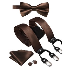 Hi-Tie Men Suspender Bowtie Set Suspenders Pre-tied Bow Tie Pocket Square Cufflinks Adjustable Y Shape 6 Clips Braces Tuxedo,Brown