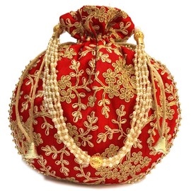 Indian Ethnic Red Potli Bag Ladies Handbag Purse for Bridal Batwa Pearls Handle Purse Clutch Purse for Women, Red
