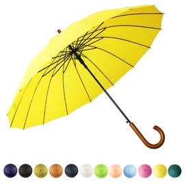 SoulRain 16 Ribs 48" Stick Umbrella Auto Open Solid Color Fashionable and Simple，Arc Classic Wood Handle，Windproof Unbreakable Stick Rain Umbrella (Yellow)…
