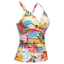 Women Tankini Bathing Suit Top - Twist Front V Neck Swim Top Ruched Tummy Control Top Only No Bottom 2025 Colorful Floral L