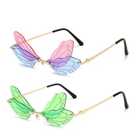 Dragonfly Wing Shape Sunglasses for Women/Men Frameless Irregular Glasses Shades Party Sun Glasses, Purple/Blue+green, One Size