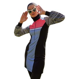 Modest Swimwear for Women 3-Piece Set | Striped Sporty Designer Cover Set | Swimsuit Suit Long Sleeve Burkini Set | Islamic Beachwear | Full Cover Hijab ​Bathing Suit Set Pink/Blue