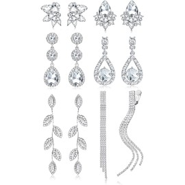 CASSIECA 6 Pairs of Clip Earrings for Women Clip Earrings Silver Hanging Rhinestone Tassel Non-Piercing Earrings for Brides Bridesmaids Brilliant Diamond Earrings Dangle Clip on Non Pierced