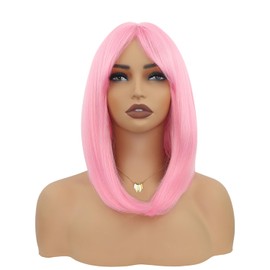 Pink Color Short Bob Wigs with Bangs for Women Synthetic Fiber Short Cosplay Bob Wig (Pink 14 Inches)