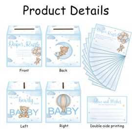 SZSHANN 51 Pcs Bear Diaper Raffle Tickets with Diaper Raffle Card Box for Baby Shower Supplies, Diaper Raffle Sign Blue Bear Themed Insert Card, Advice and Wishes Diaper Raffle Insert Ticket