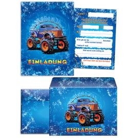 JuNa-Experts 16 Invitations for Children's Birthday Party Boy Monster Truck Including 16 envelopes, 16 gift bags, 16 stickers, 16 bookmarks, 16 blocks, party bags, Modern