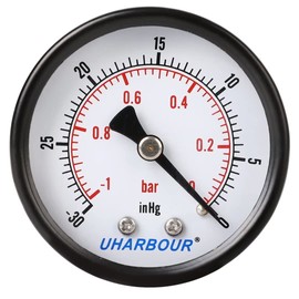 Uharbour Reliable Dual Scale Mechanical Pressure Gauge for Gas and Water (30InHg/0bar) with 1/4" BSPT Back Connection……