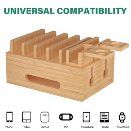 Bamboo Charging Stations for Multi Devices, Wood Desktop Docking Station Charger Organizer for Cell Phones, Tablets, Earphones, Watch (Includes 6 Charging Cables) (No Power Supply)