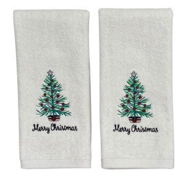 Luxury Winter Holiday Christmas Bath Kitchen Hand Towel Set: Decorated White Rustic Christmas Tree, Merry Christmas Motif, Velour Terry 100% Cotton Towels Set of 2