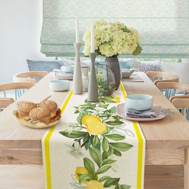 Spring Summer Lemon Table Runner, Fruits Kitchen Dining Table Decoration for Holidays, Yellow Lemons Leaves Flowers Farmhouse Table Decor Runners 13X72 in