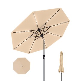 GarveeLife 10 Ft Patio Umbrella with Solar Lights, Outdoor Table Umbrella with 40 LED Lights & Tilt Crank, 8 Ribs Market Table Umbrella for Pool, Deck, Backyard, Tan