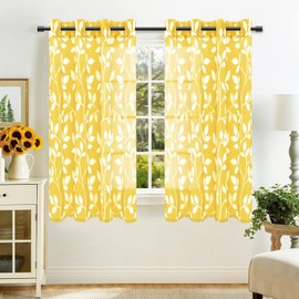MRTREES Curtains with Eyelets Transparent Living Room Modern Short Window Set of 2, 160 cm Long, 140 cm Wide, Yellow White Leaf Print Pattern Curtains Bedroom Children's Room Kitchen